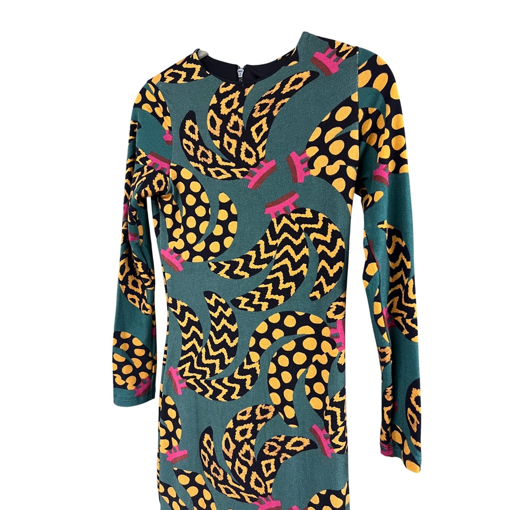 Farm Rio Teal Ethnic Banana Midi Dress Long Sleeve Leopard Print NWT Size Small - Picture 5 of 8
